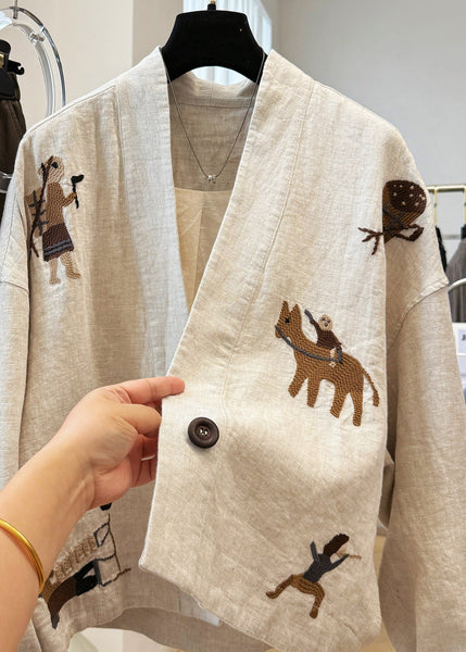 Beige Neck Patchwork Coats V Fall Linen New Embroidered FashionChic