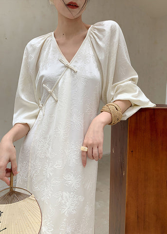 New Beige V Neck Jacquard Oriental Button Silk Long Dress Spring YZ020 ABC