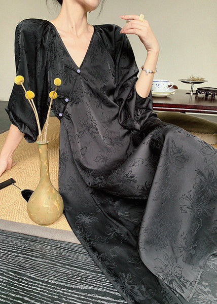 New Beige V Neck Jacquard Oriental Button Silk Long Dress Spring YZ020 ABC