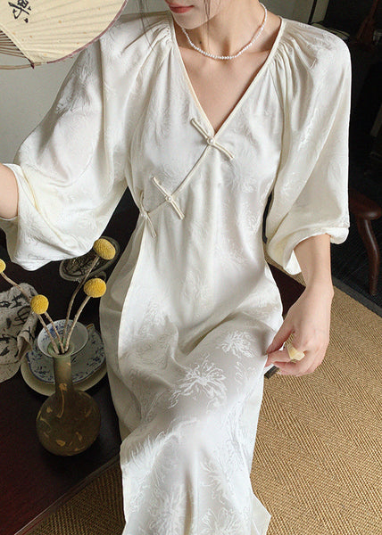 New Beige V Neck Jacquard Oriental Button Silk Long Dress Spring YZ020 ABC