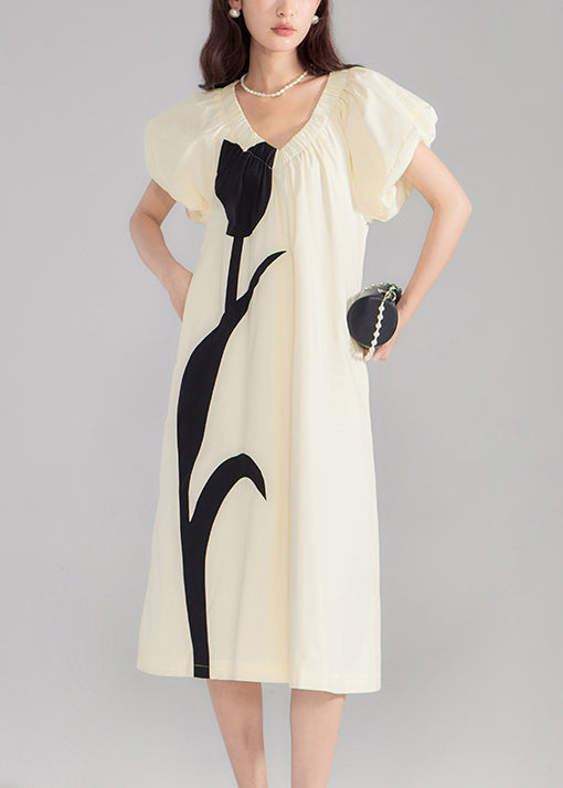 New Beige V Neck Print Solid Cotton Dresses Summer OP1053 Ada Fashion