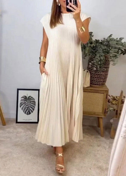Pockets Wrinkled Dress Beige Solid Long New Summer FashionChic