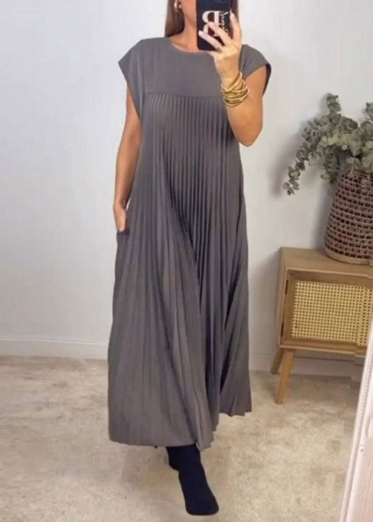 Pockets Wrinkled Dress Beige Solid Long New Summer FashionChic