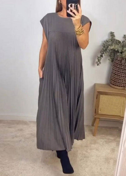 Pockets Wrinkled Dress Beige Solid Long New Summer FashionChic