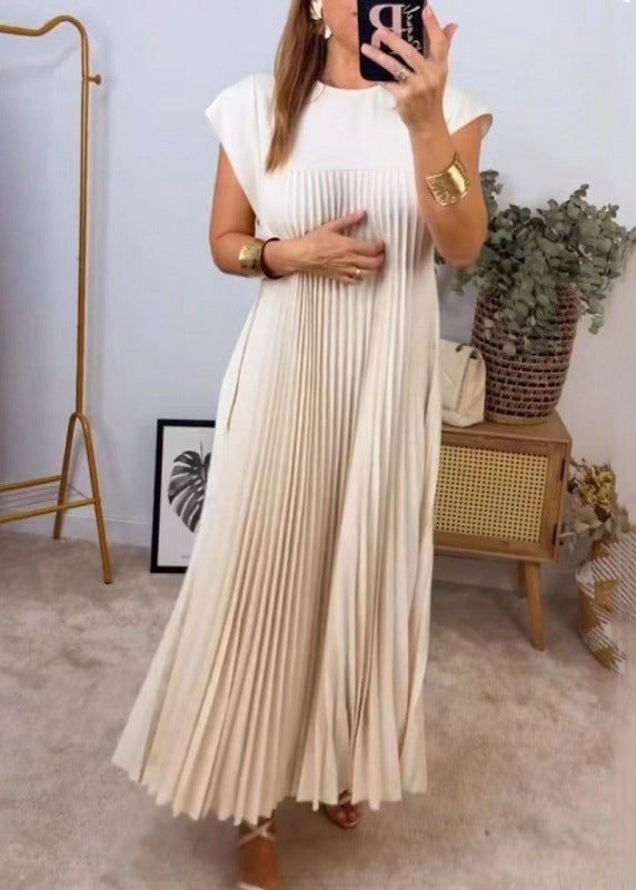 Pockets Wrinkled Dress Beige Solid Long New Summer FashionChic
