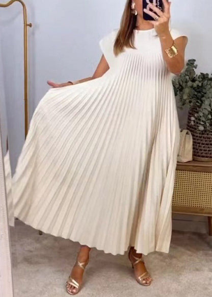 Pockets Wrinkled Dress Beige Solid Long New Summer FashionChic