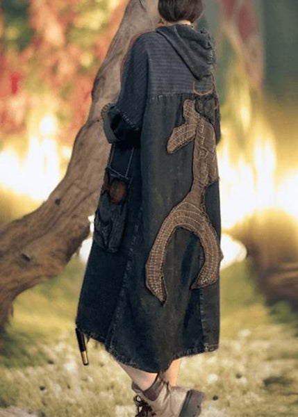 New Black Applique Patchwork Denim Hooded Dress Spring RX005 ABC