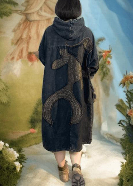 New Black Applique Patchwork Denim Hooded Dress Spring RX005 ABC