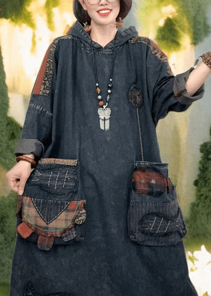 New Black Applique Patchwork Denim Hooded Dress Spring RX005 ABC