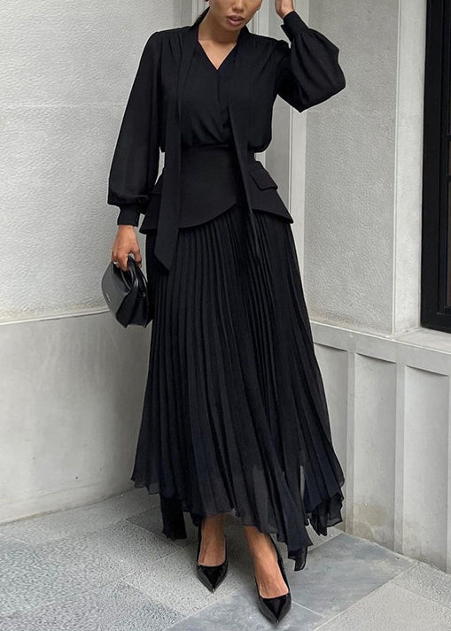 New Black Asymmetrical Design Top And Pleated Skirt Set Fall QL023 OM-ZS241023