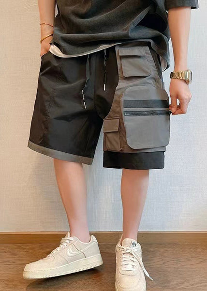 Cotton Shorts Patchwork New Asymmetrical Mens Pockets Black FashionChic
