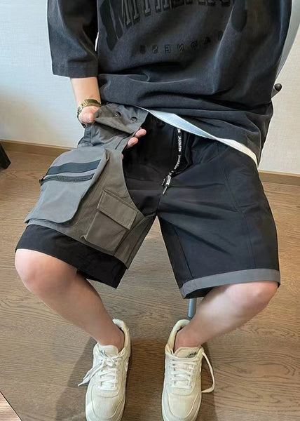 Cotton Shorts Patchwork New Asymmetrical Mens Pockets Black FashionChic
