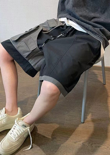 Cotton Shorts Patchwork New Asymmetrical Mens Pockets Black FashionChic