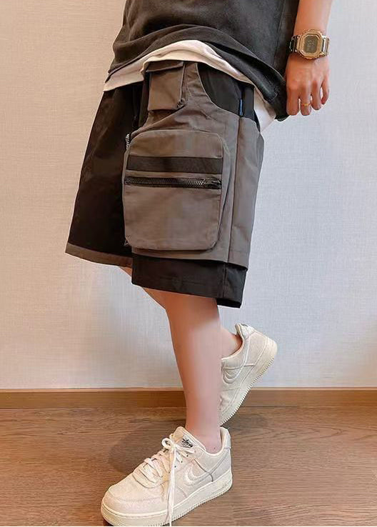 Cotton Shorts Patchwork New Asymmetrical Mens Pockets Black FashionChic