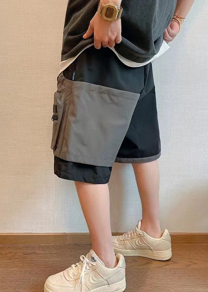 Cotton Shorts Patchwork New Asymmetrical Mens Pockets Black FashionChic