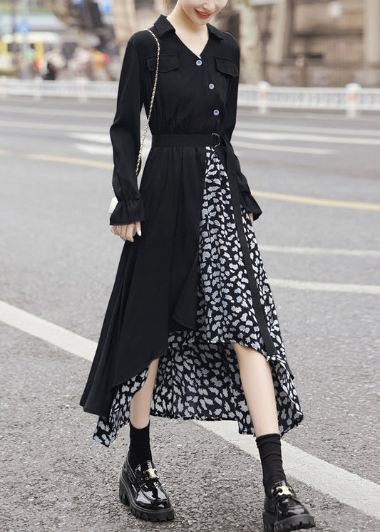 New Black Asymmetrical Tie Waist Patchwork Chiffon Dress Long Sleeve AA1025 Ada Fashion