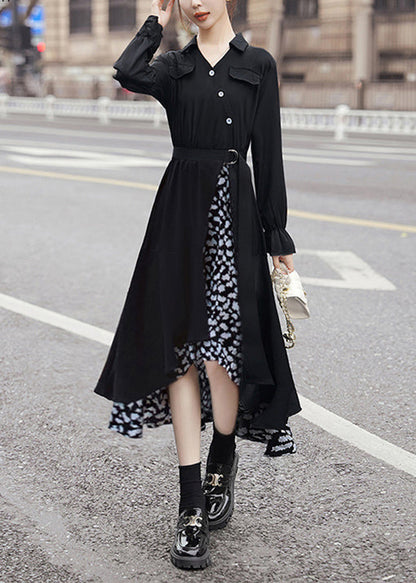 New Black Asymmetrical Tie Waist Patchwork Chiffon Dress Long Sleeve AA1025 Ada Fashion