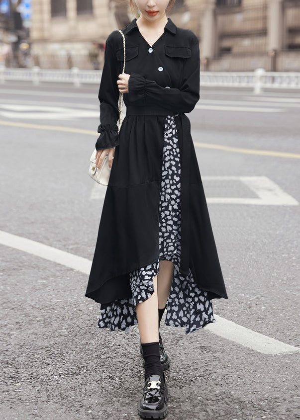 New Black Asymmetrical Tie Waist Patchwork Chiffon Dress Long Sleeve AA1025 Ada Fashion