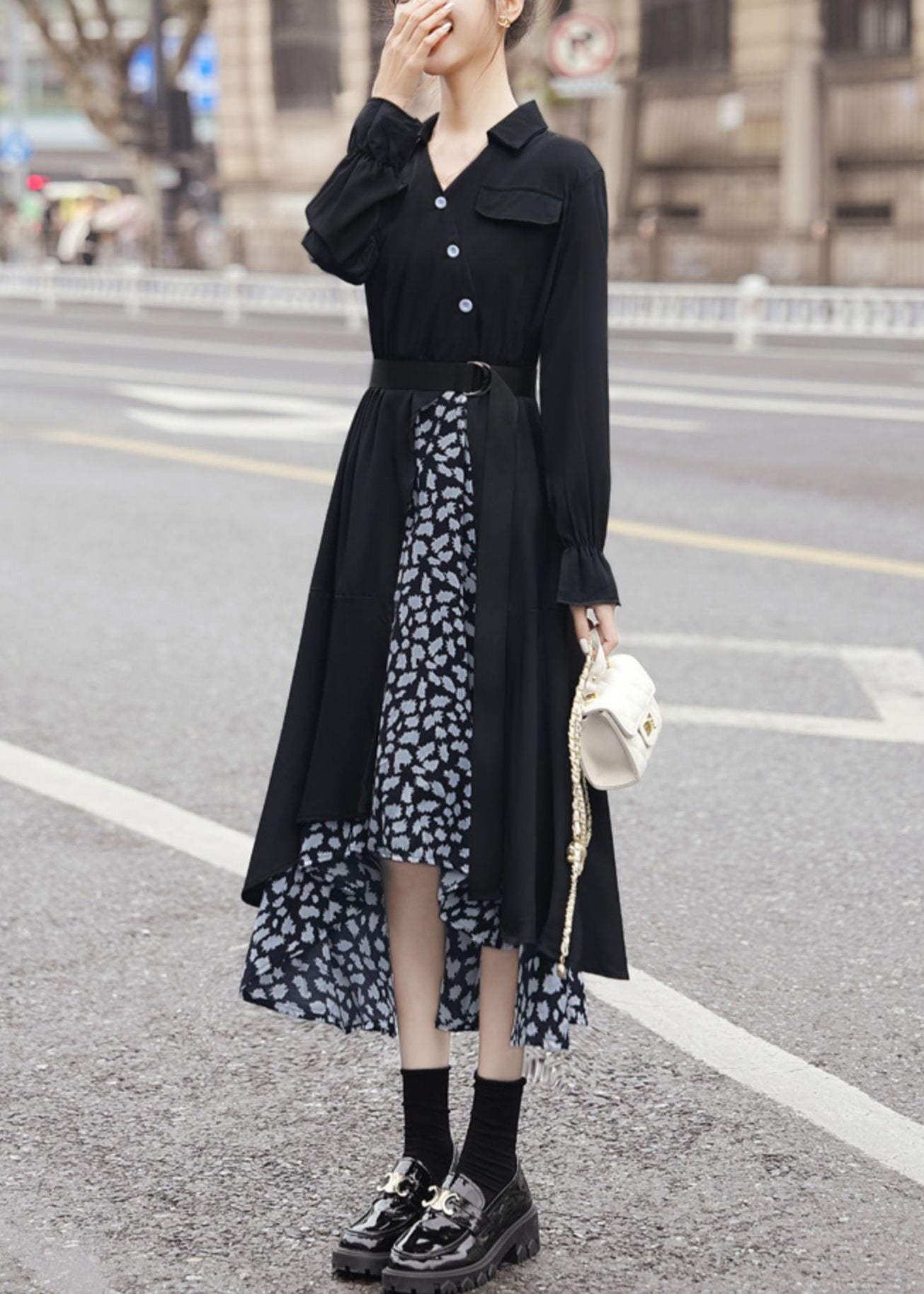 New Black Asymmetrical Tie Waist Patchwork Chiffon Dress Long Sleeve AA1025 Ada Fashion