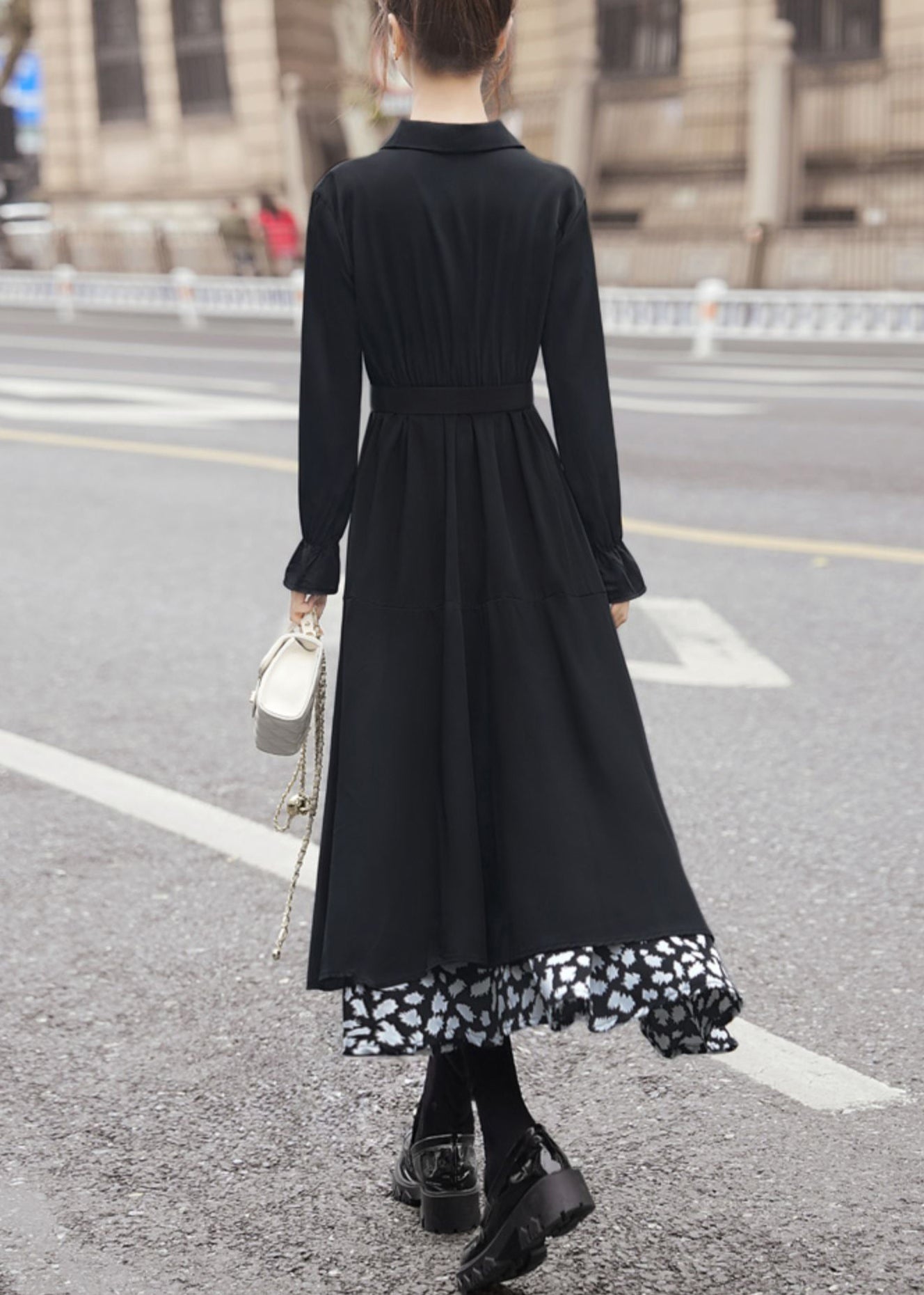 New Black Asymmetrical Tie Waist Patchwork Chiffon Dress Long Sleeve AA1025 Ada Fashion