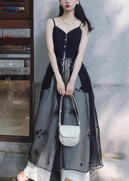 New Black Button Spaghetti Strap Dress And White Pants Silk 2 Piece Sleeveless ZL006 SH-LF-TPIEC240621