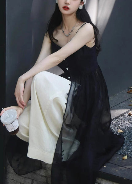 New Black Button Spaghetti Strap Dress And White Pants Silk 2 Piece Sleeveless ZL006 SH-LF-TPIEC240621