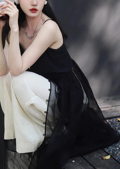 New Black Button Spaghetti Strap Dress And White Pants Silk 2 Piece Sleeveless ZL006 SH-LF-TPIEC240621