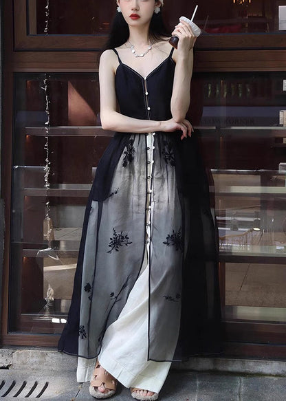 New Black Button Spaghetti Strap Dress And White Pants Silk 2 Piece Sleeveless ZL006 SH-LF-TPIEC240621