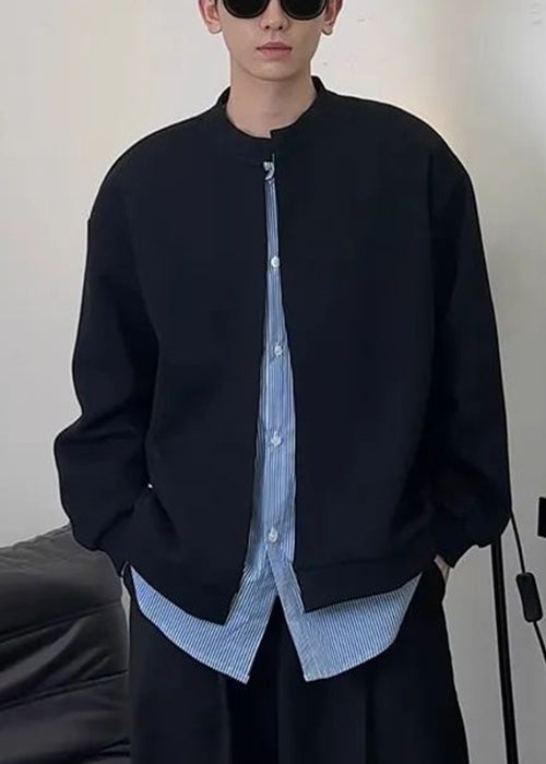 New Black Striped Patchwork Sweatshirts Mens Spring Cotton Button FashionChic