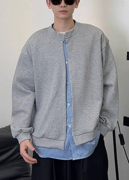 New Black Striped Patchwork Sweatshirts Mens Spring Cotton Button FashionChic