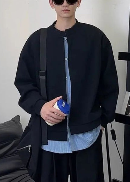 New Black Striped Patchwork Sweatshirts Mens Spring Cotton Button FashionChic