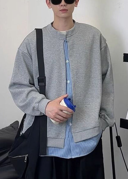 New Black Striped Patchwork Sweatshirts Mens Spring Cotton Button FashionChic