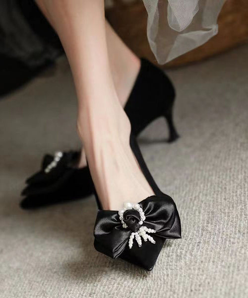New Black Classy Beaded Bow Suede High Heels OI031 shoe-GGX240801