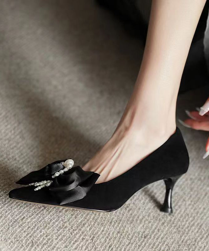 New Black Classy Beaded Bow Suede High Heels OI031 shoe-GGX240801