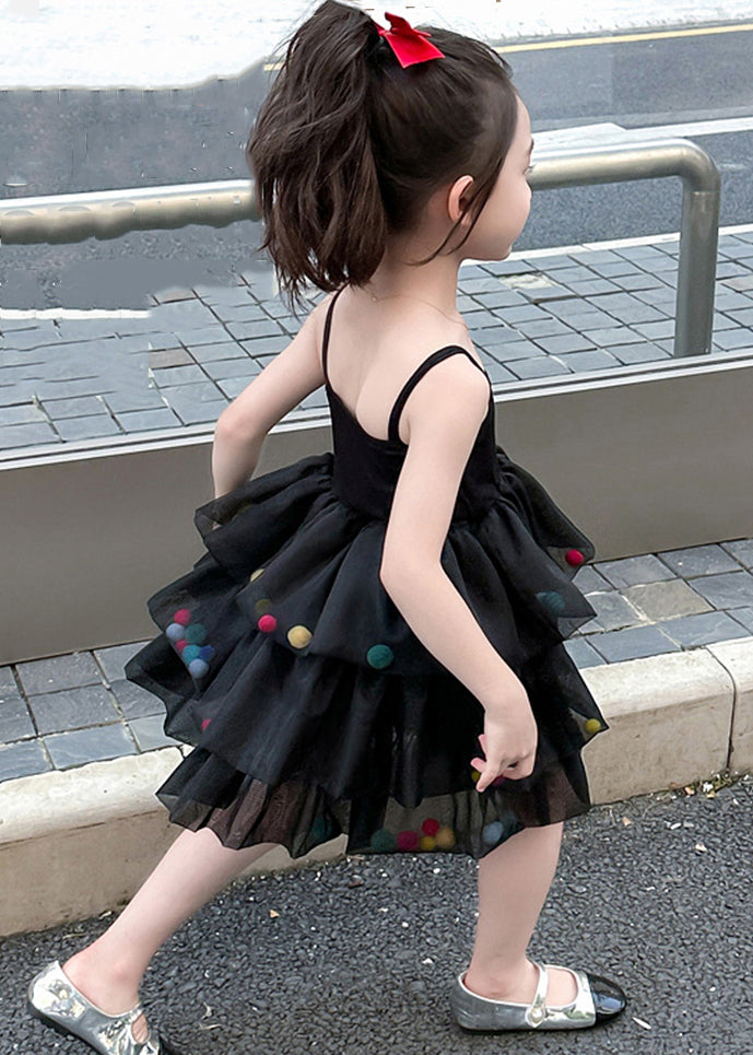 New Black Cold Shoulder Tulle Patchwork Girls Dresses Sleeveless TT041 WS-JRTZSDGM240817