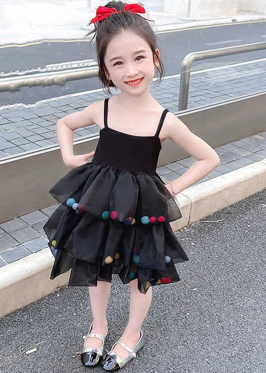 New Black Cold Shoulder Tulle Patchwork Girls Dresses Sleeveless TT041 WS-JRTZSDGM240817