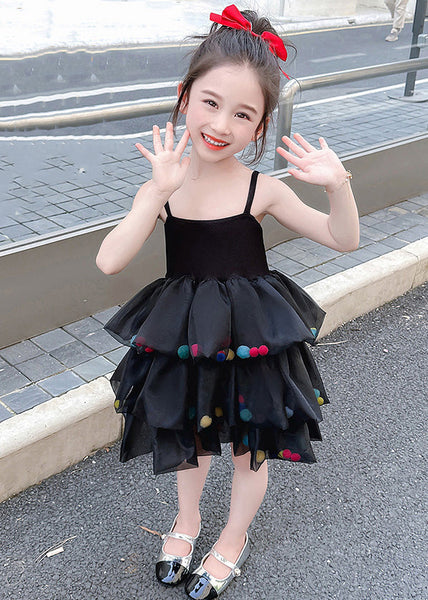 New Black Cold Shoulder Tulle Patchwork Girls Dresses Sleeveless TT041 WS-JRTZSDGM240817