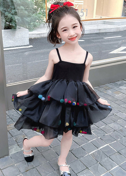 New Black Cold Shoulder Tulle Patchwork Girls Dresses Sleeveless TT041 WS-JRTZSDGM240817
