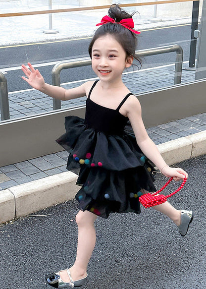 New Black Cold Shoulder Tulle Patchwork Girls Dresses Sleeveless TT041 WS-JRTZSDGM240817
