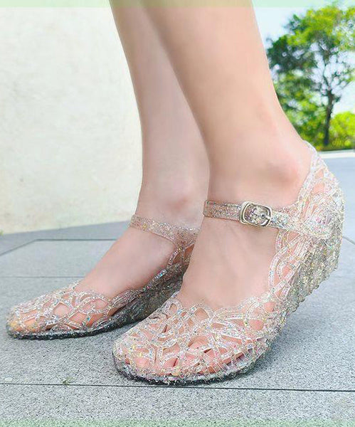 New Black Crystal Hollowed Out Wedge Heel Sandals AA005 shoe-CS240815