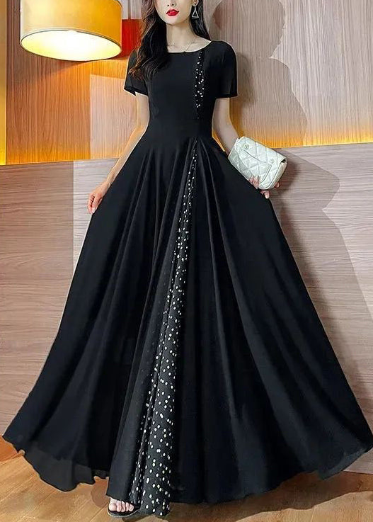Summer O Long Black Dot Dresses Patchwork Neck Chiffon New FashionChic