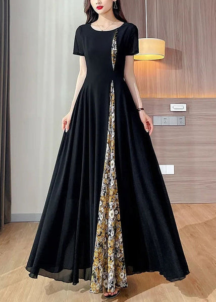Summer O Long Black Dot Dresses Patchwork Neck Chiffon New FashionChic