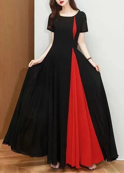 Summer O Long Black Dot Dresses Patchwork Neck Chiffon New FashionChic