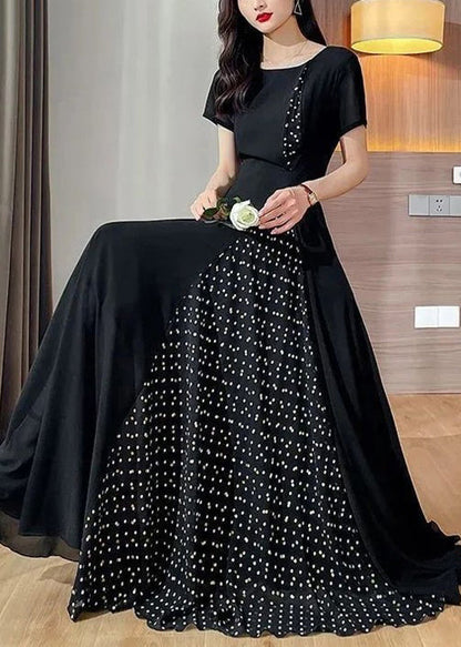 Summer O Long Black Dot Dresses Patchwork Neck Chiffon New FashionChic