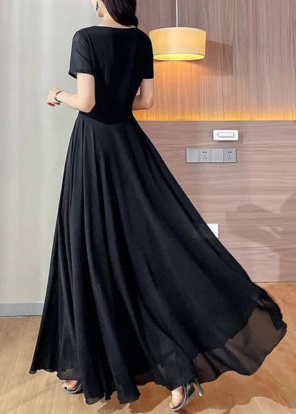 Summer O Long Black Dot Dresses Patchwork Neck Chiffon New FashionChic