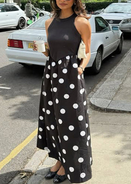 Print Cotton New Patchwork Dot Sleeveless Dresses Black FashionChic