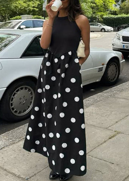 Print Cotton New Patchwork Dot Sleeveless Dresses Black FashionChic