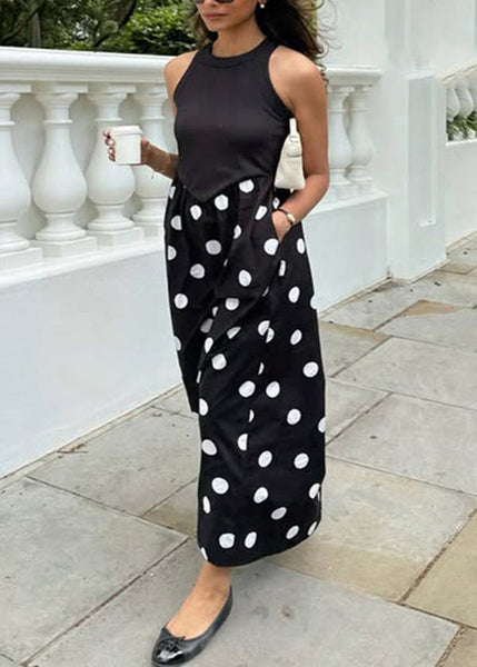 Print Cotton New Patchwork Dot Sleeveless Dresses Black FashionChic