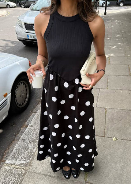 Print Cotton New Patchwork Dot Sleeveless Dresses Black FashionChic