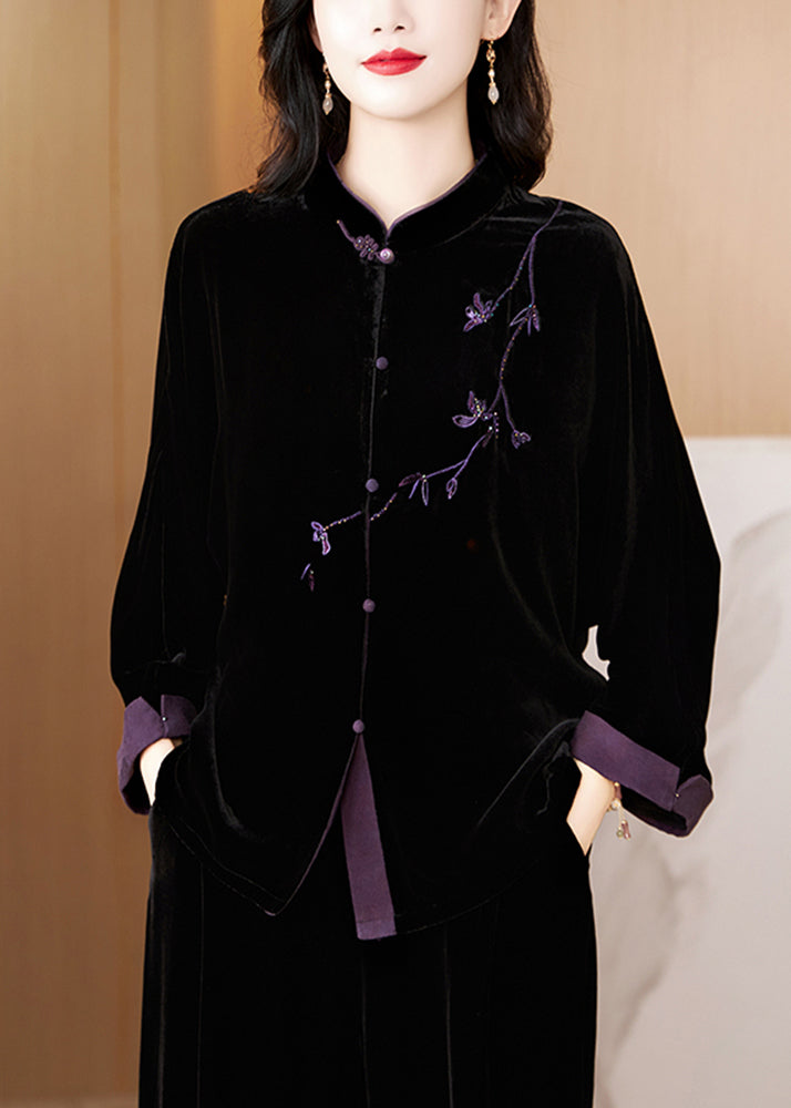 New Black Embroidered Button Silk Velvet Coat Fall QO058 MZF-CTS241008